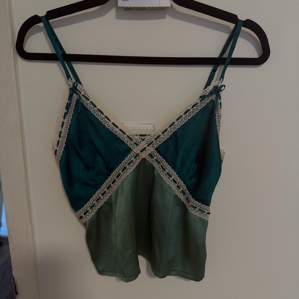 Nasty Gal Teal and Sage Lace-Trim Satin Cami
